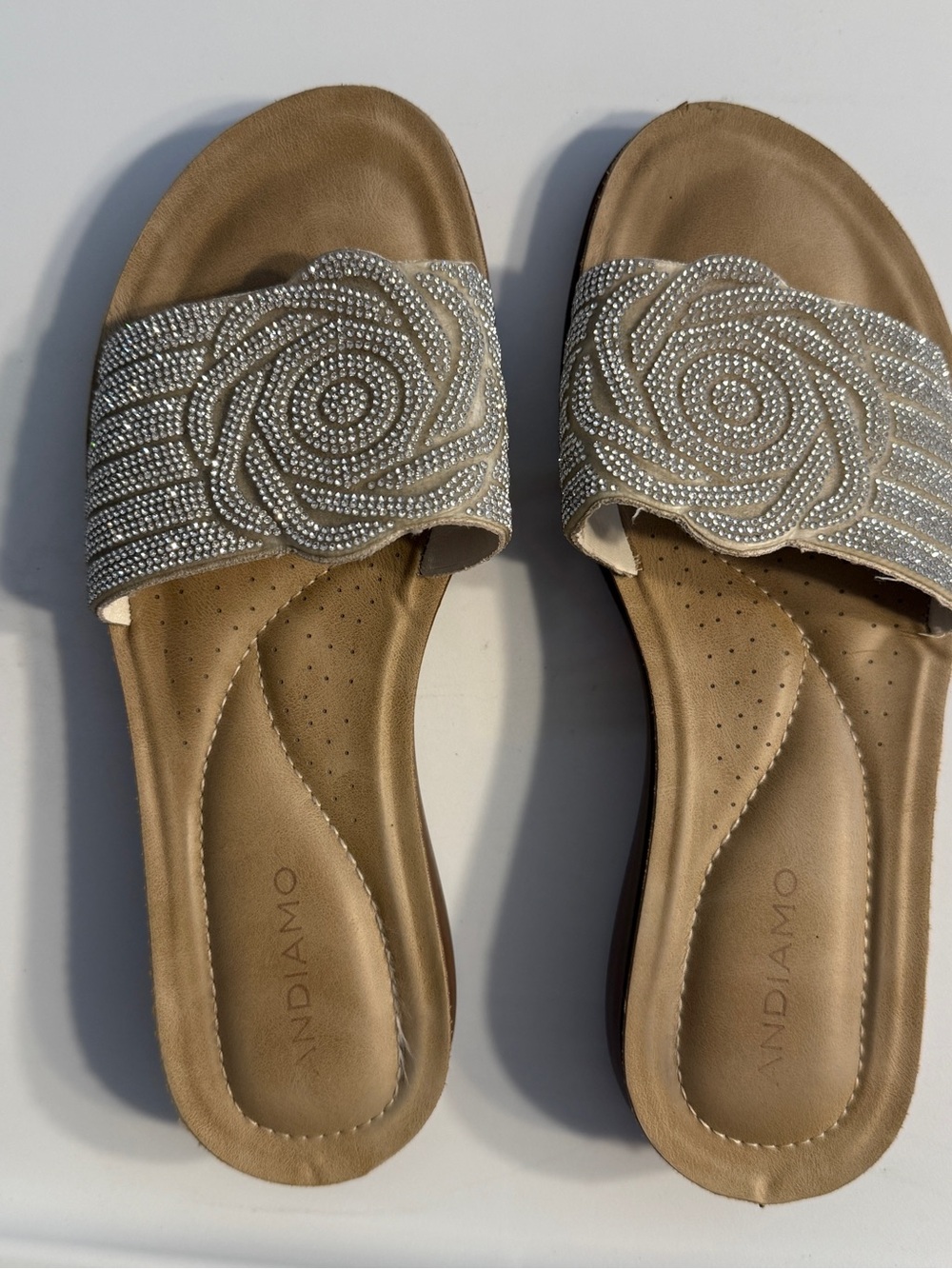 Andiamo "Abandy" Women's Tan Slide Sandals with Silver Bling Embellished Strap 9